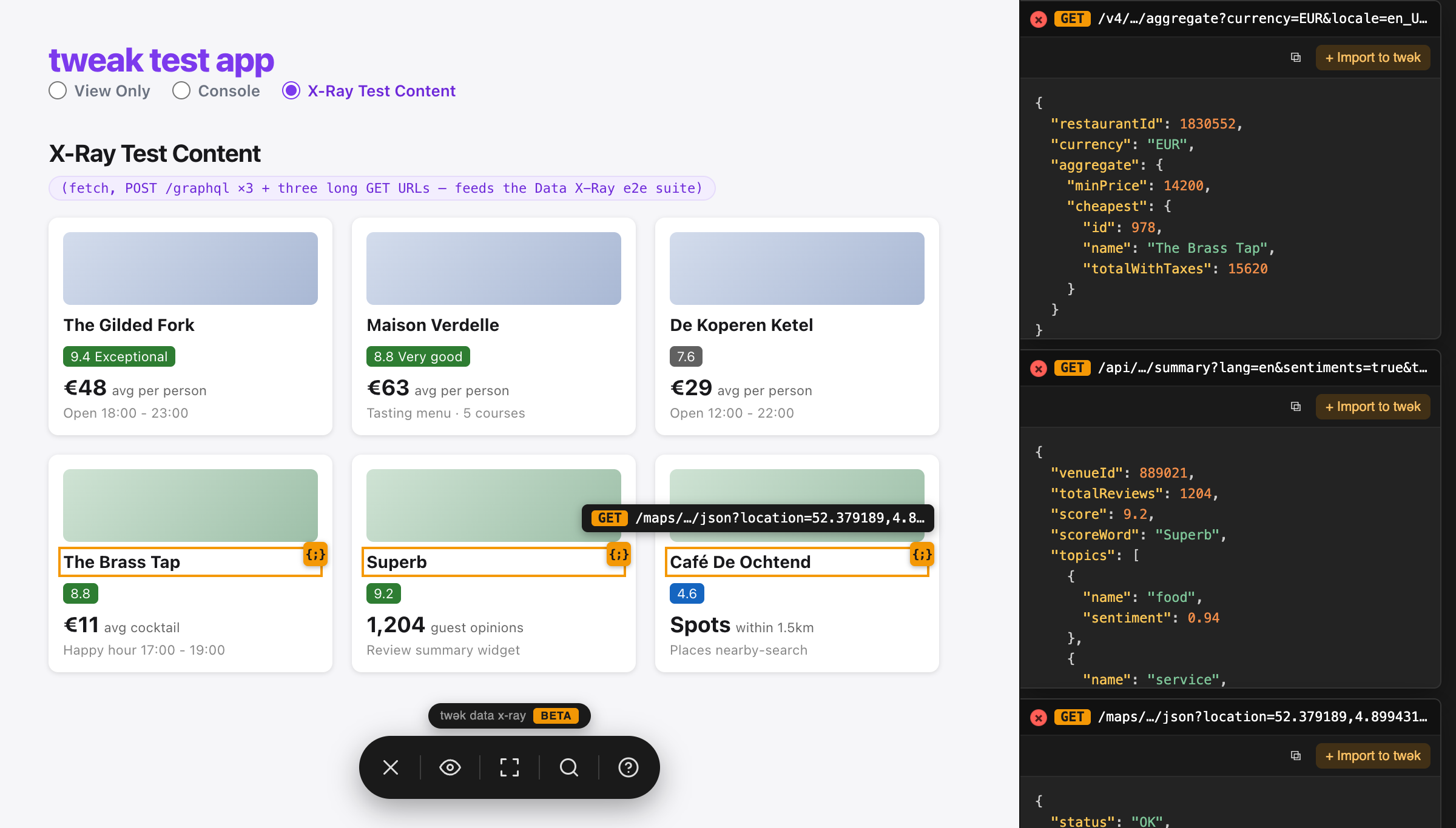 See exactly which requests produced what you're looking at Data X-Ray: crop-select a page region, get badges on every matched element, and pop payloads into editable side-by-side JSON editors