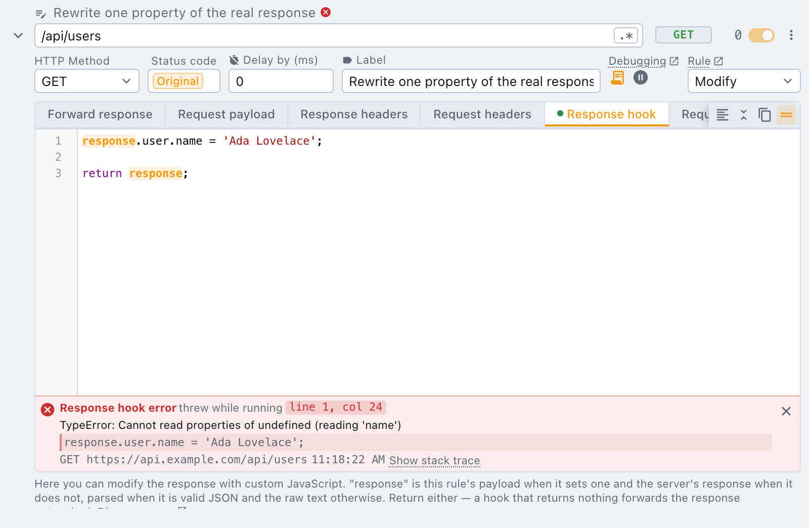 A response hook error reported in a footer under the editor