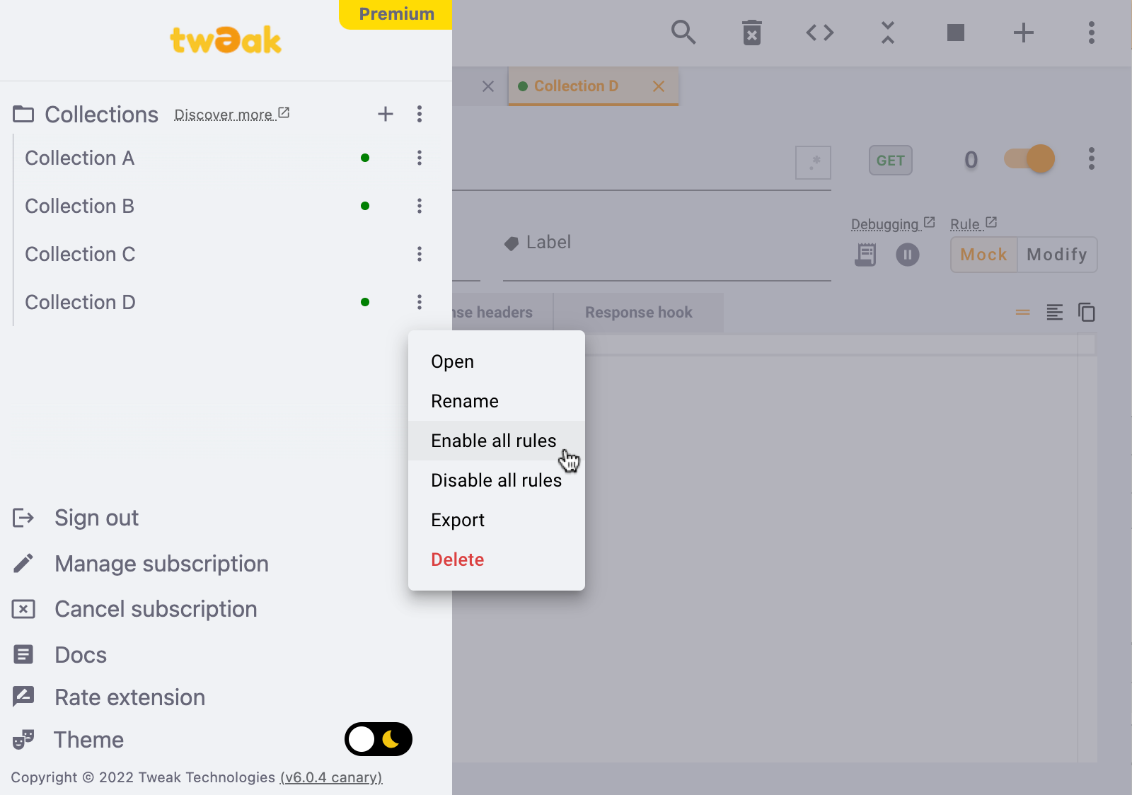 Collections management in the left side panel Collections management in the left side panel