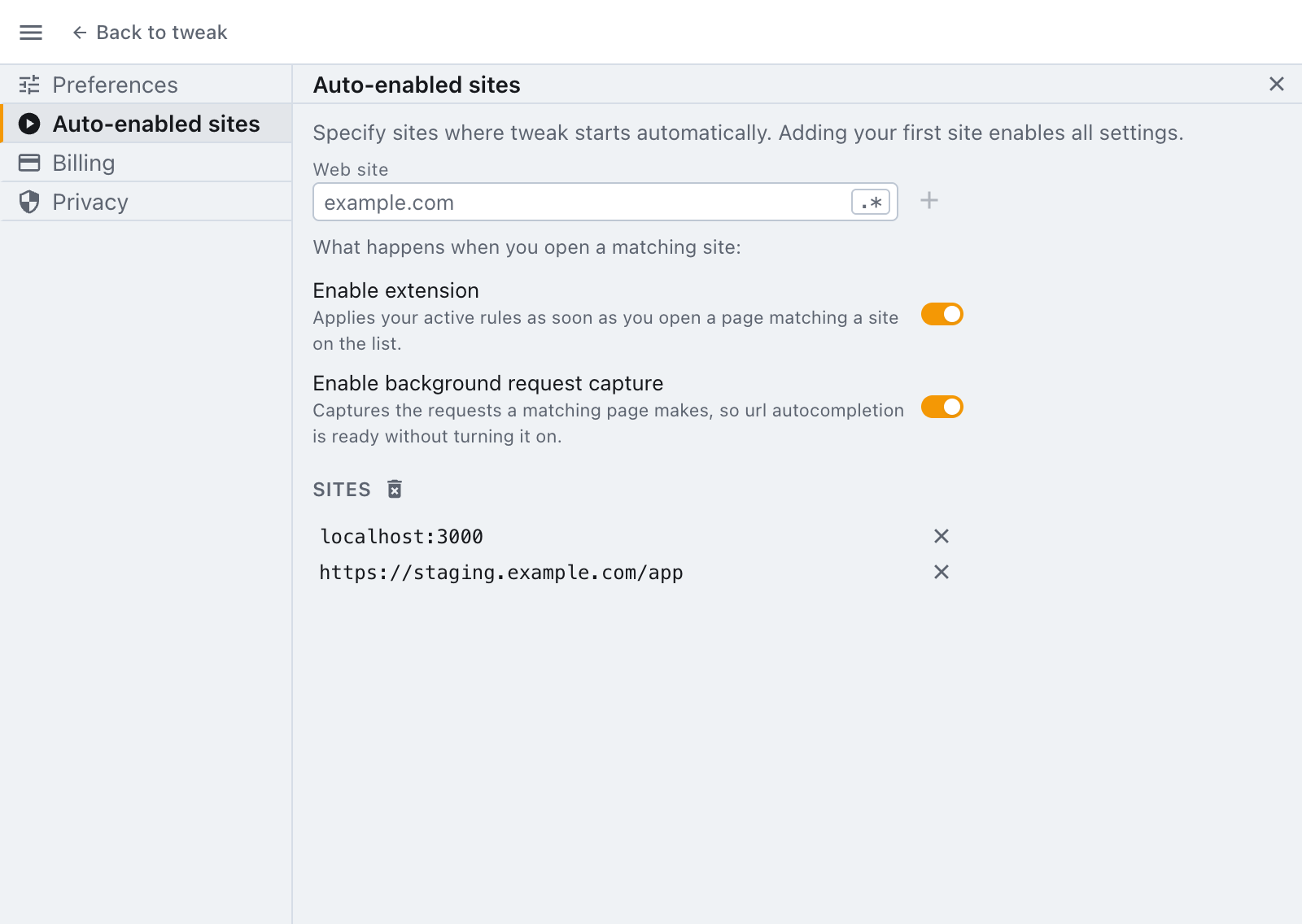 the auto-enabled sites section, with two sites and both switches on the auto-enabled sites section of the settings panel