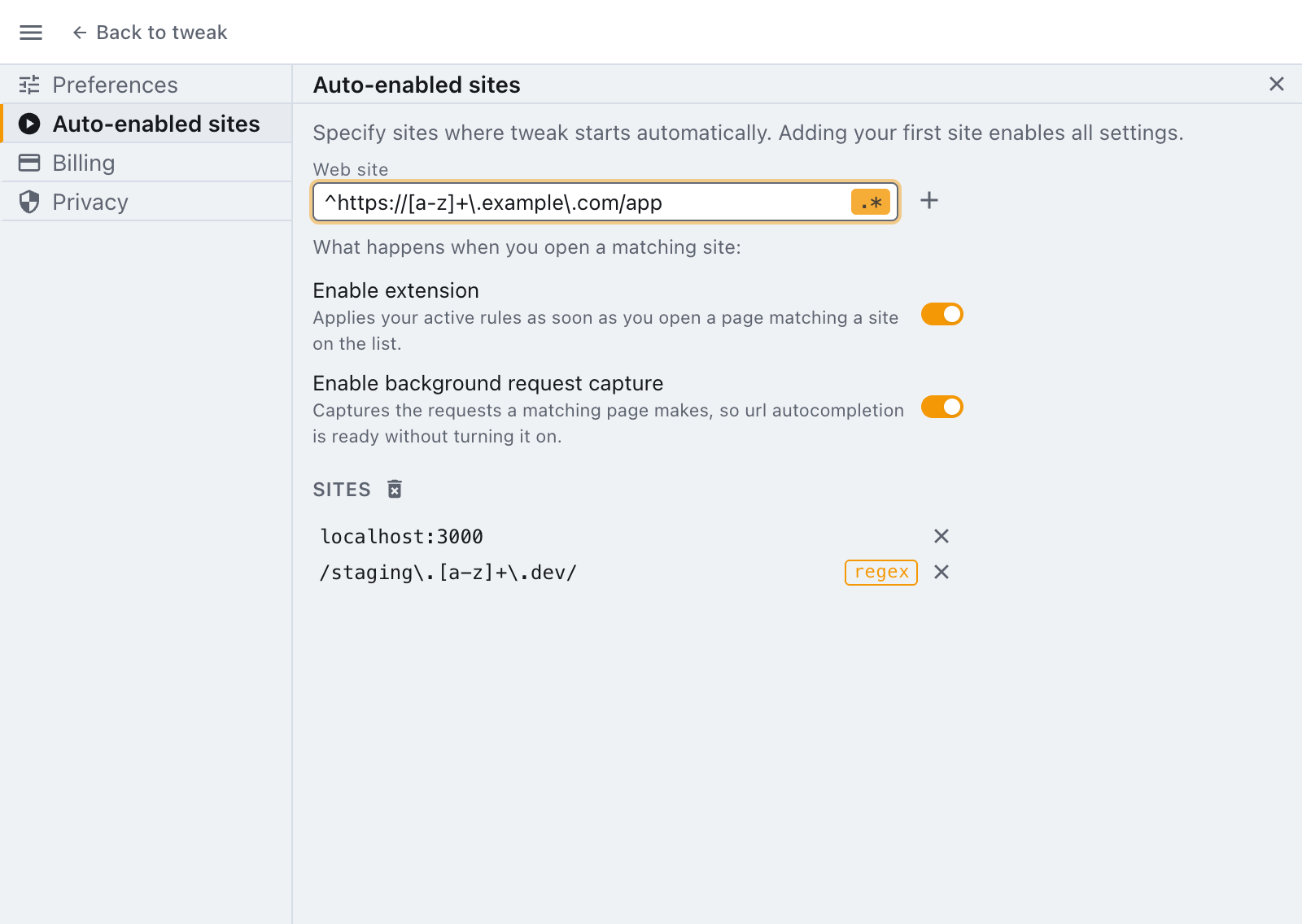 the .* modifier armed, and a site already added as a regular expression the regex modifier armed over a pattern, with a regex entry already in the list