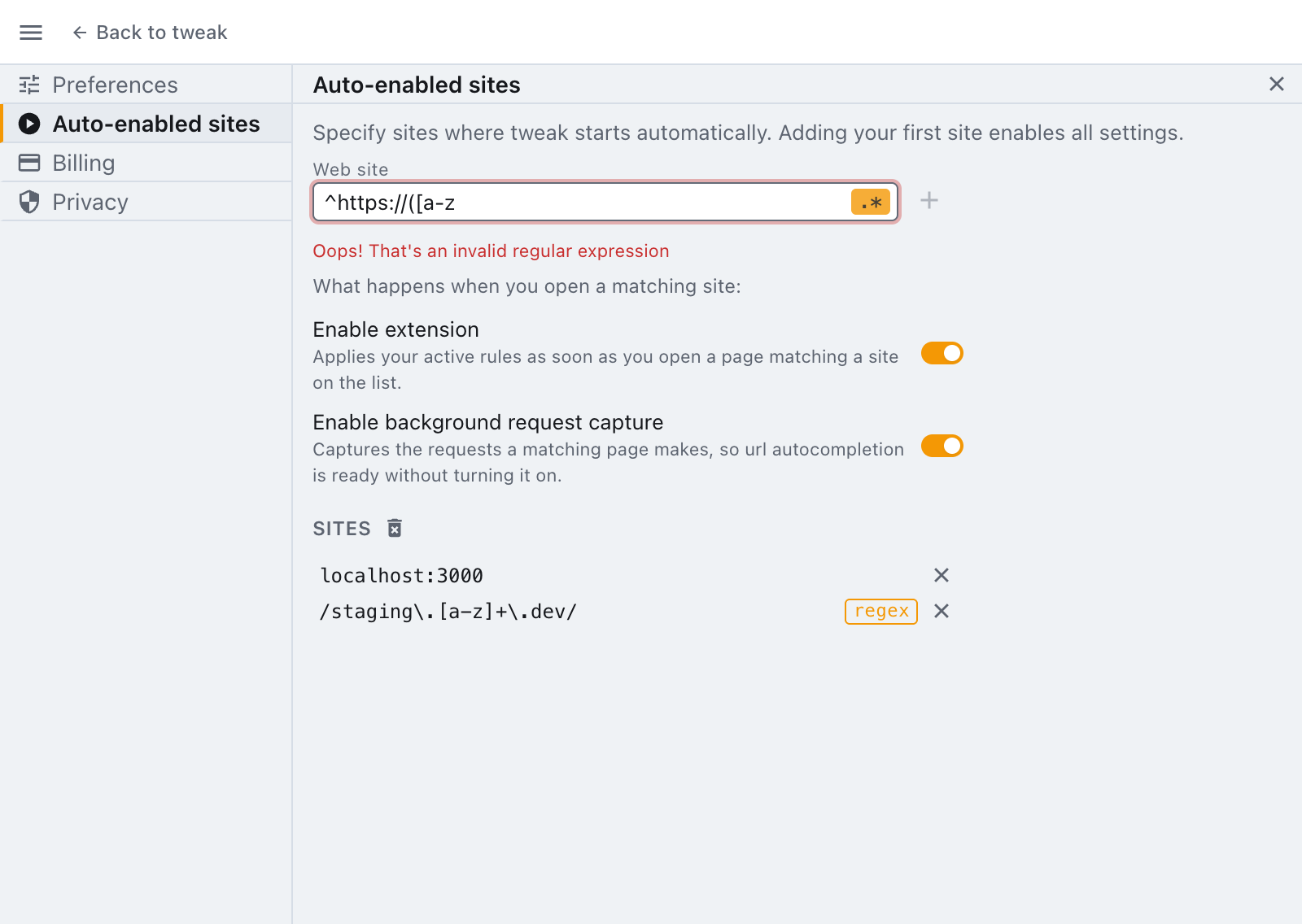 an unclosed group, refused before it can be added the field refusing an invalid pattern