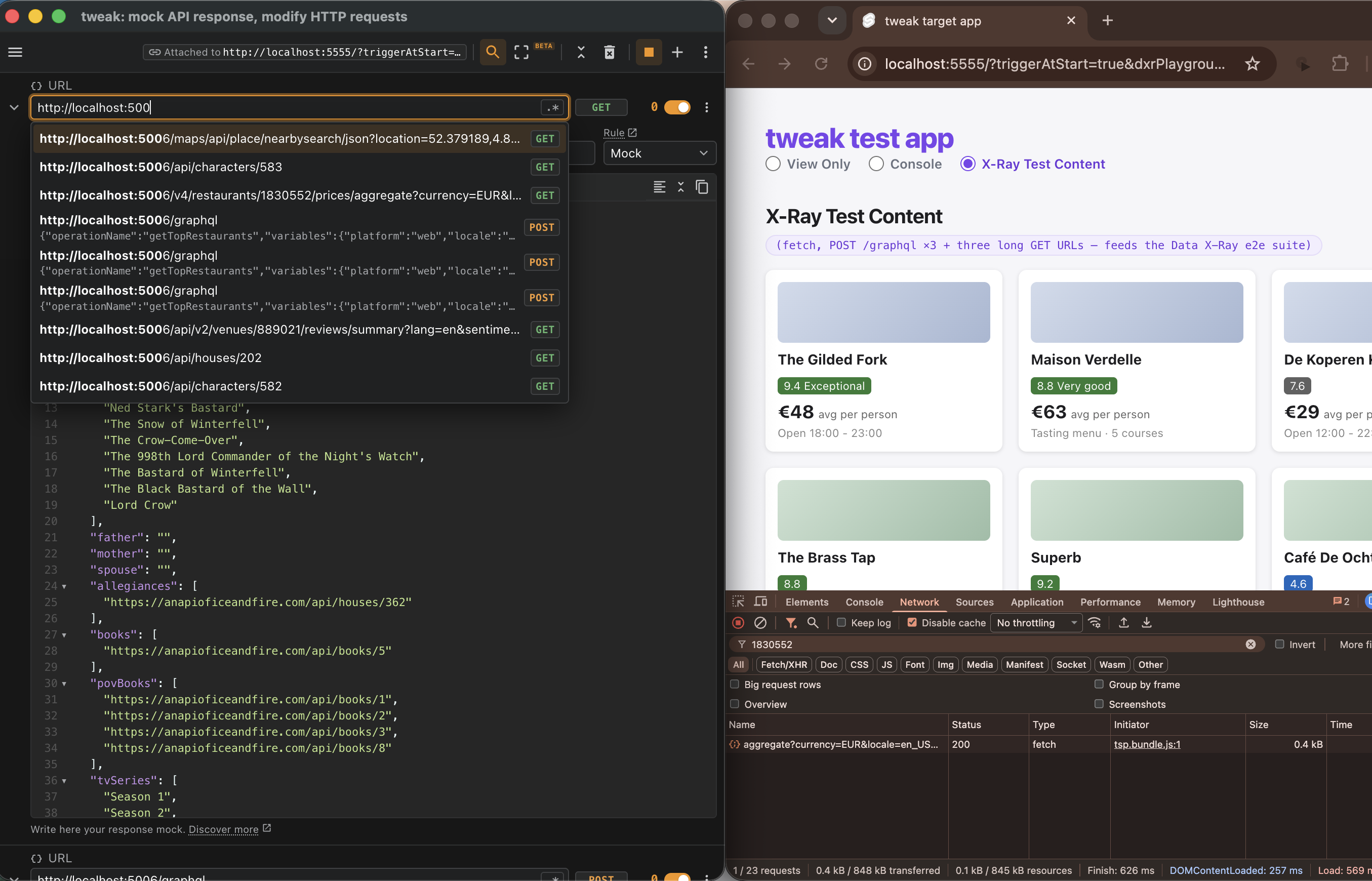 Detached from DevTools, tweak stays on screen wherever you work. tweak running in a floating window, detached from DevTools, next to the page it's inspecting