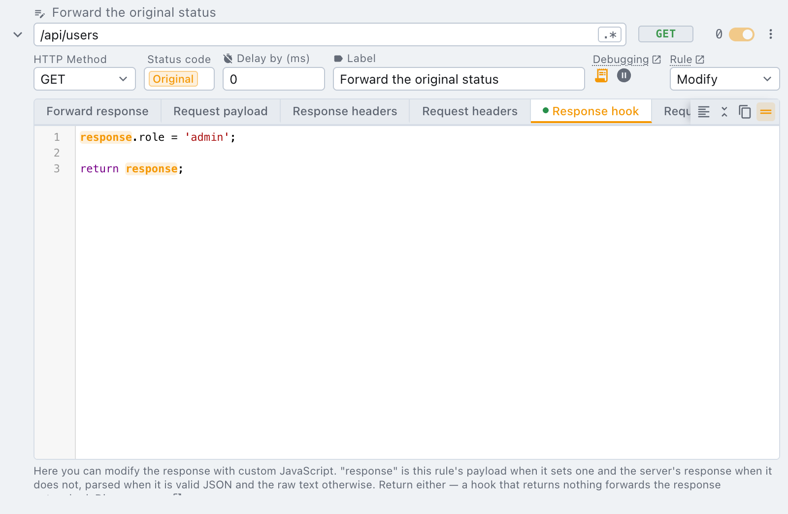 the Original chip on the status field of a modify rule a modify rule forwarding the original status