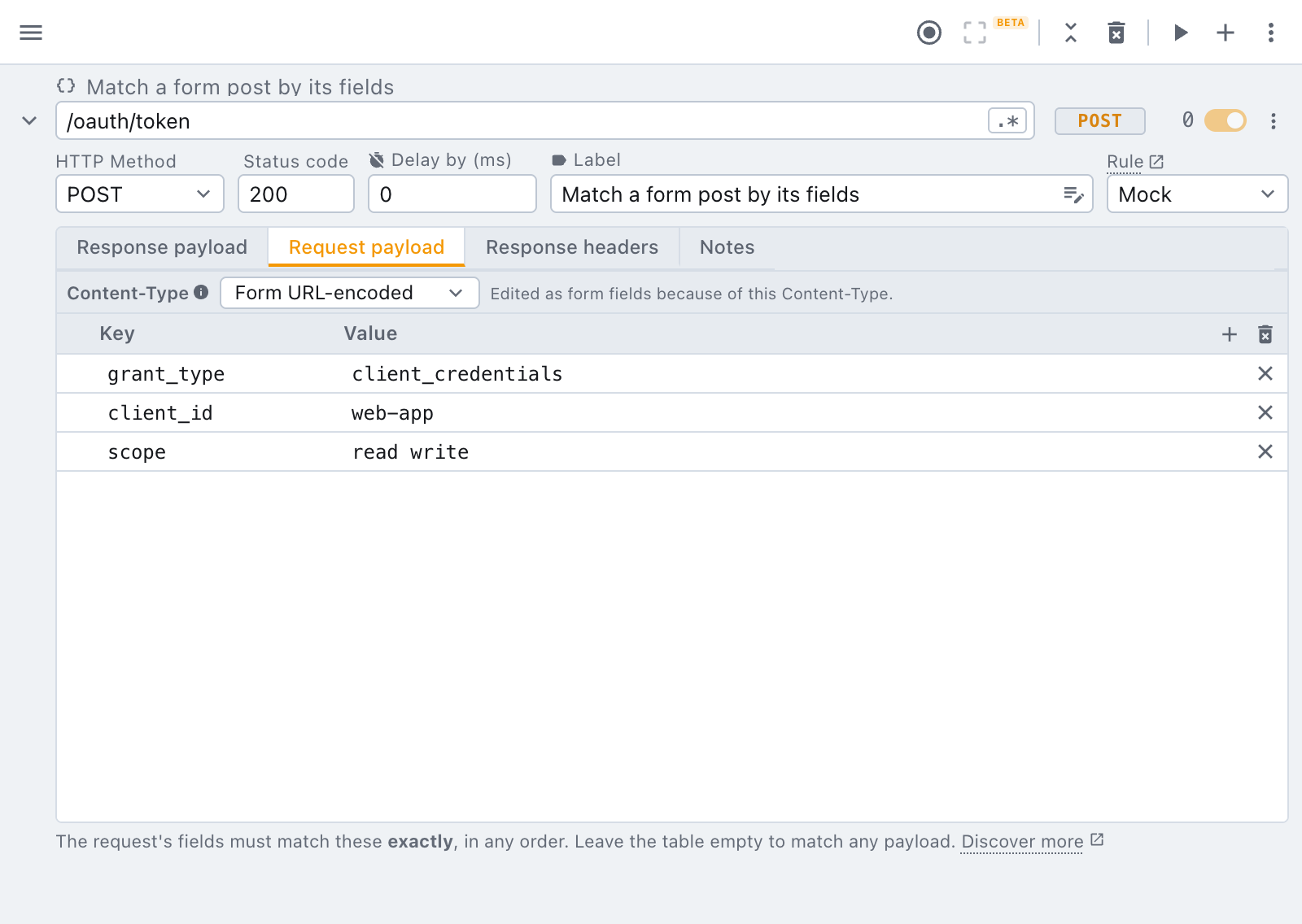 the request payload of a form post, edited as a key/value table a mock rule matching a form post by its fields
