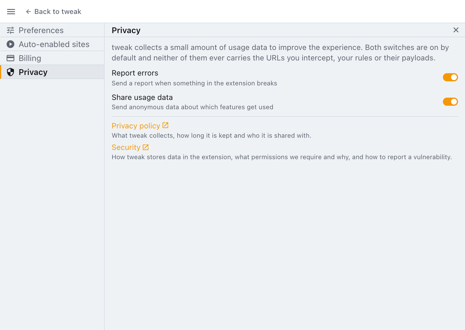 the privacy section of the settings panel