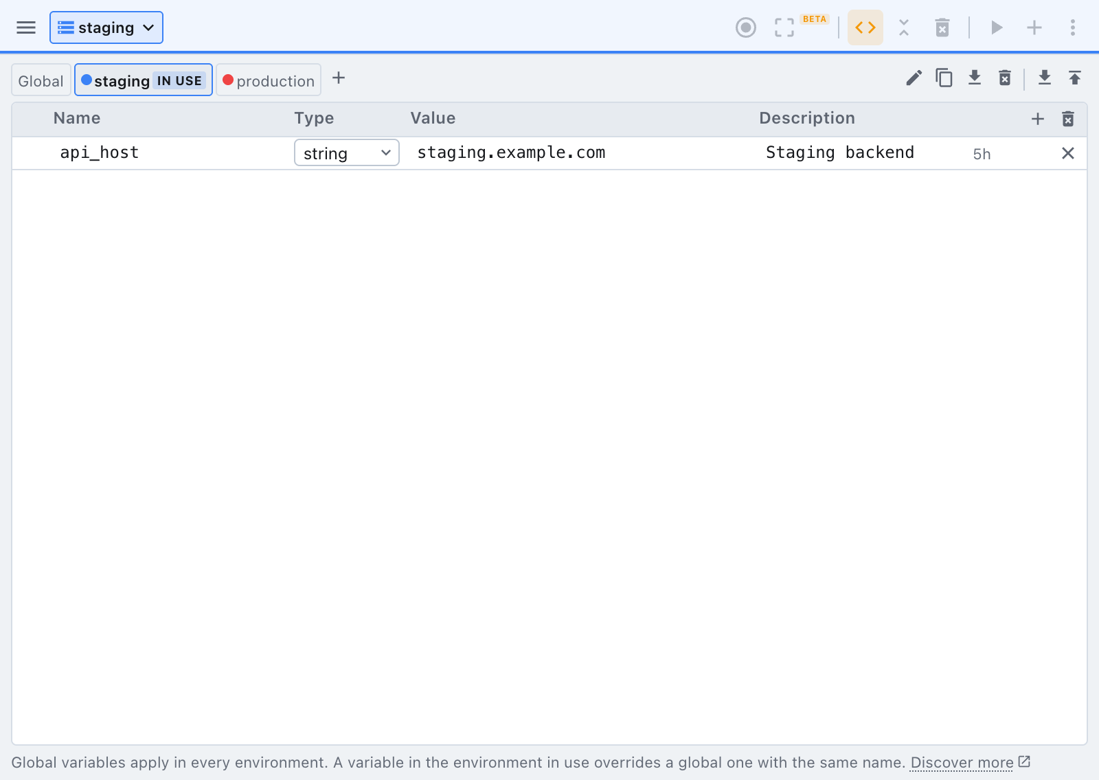 the staging environment is in use: the top bar picker and the panel both say so the variables panel on the staging environment, picked from the top bar